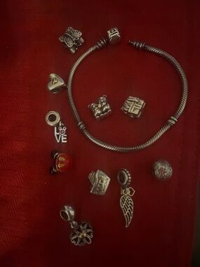 Authentic Pandora 925 silver charm bracelet comes with 10 charms